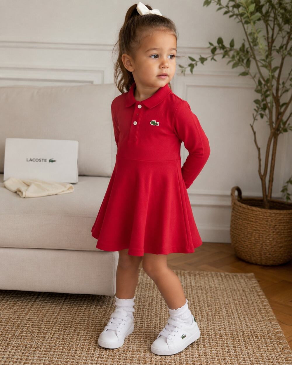 Lacoste Girls Red Long Sleeve Polo Dress Size 2 Preppy Tenniscore